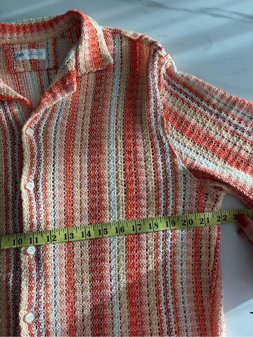 Zara Knit Short-Sleeve Striped Button-Down Resort Shirt in Coral sz L